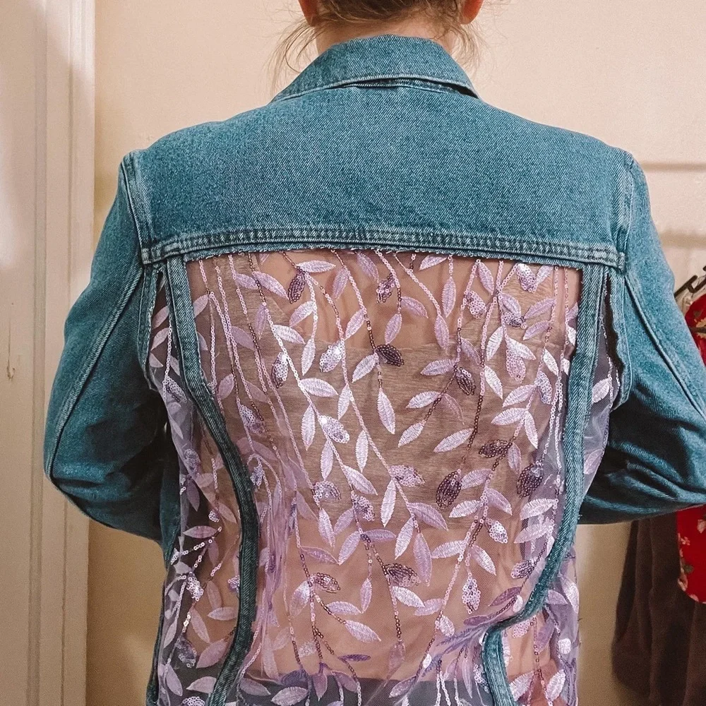 H&M DIY Purple Sequin Vines Lace Denim Jacket - Picture 1 of 2